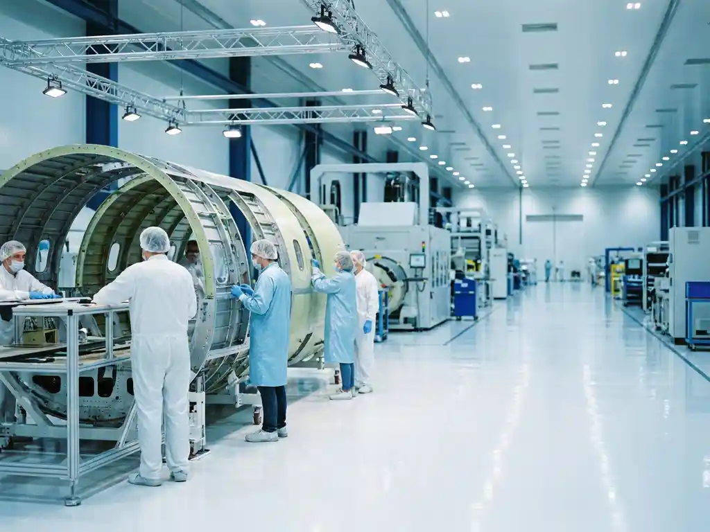 Aerospace technicians in cleanroom gowns assembling an aircraft fuselage inside a vast, brightly lit manufacturing facility with white epoxy floors.