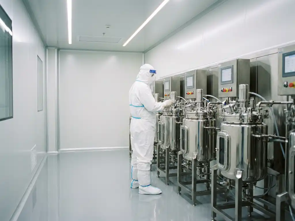 Gowned technician in full PPE monitoring stainless steel bioreactors inside a sterile biologics cleanroom facility.