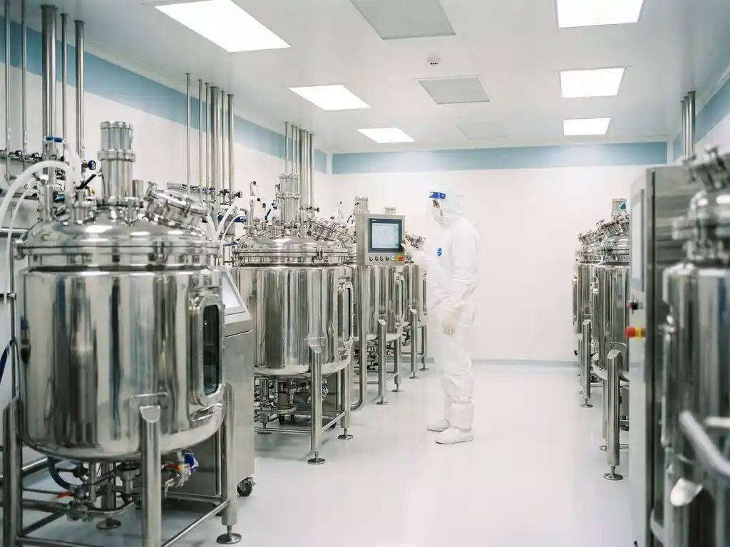 Technician in white PPE monitoring stainless steel bioreactors inside a sterile biotechnology cleanroom facility.