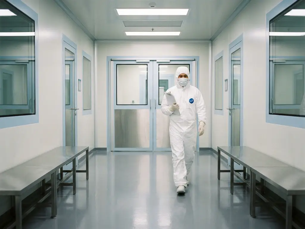 Pharmaceutical technician in white gown walking through a sterile cleanroom airlock corridor with stainless steel benches and epoxy flooring.