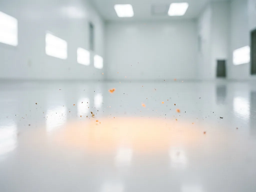 Dust particles suspended above a white epoxy cleanroom floor, drawn downward by amber-glowing electrostatic charge under recessed ceiling lights.
