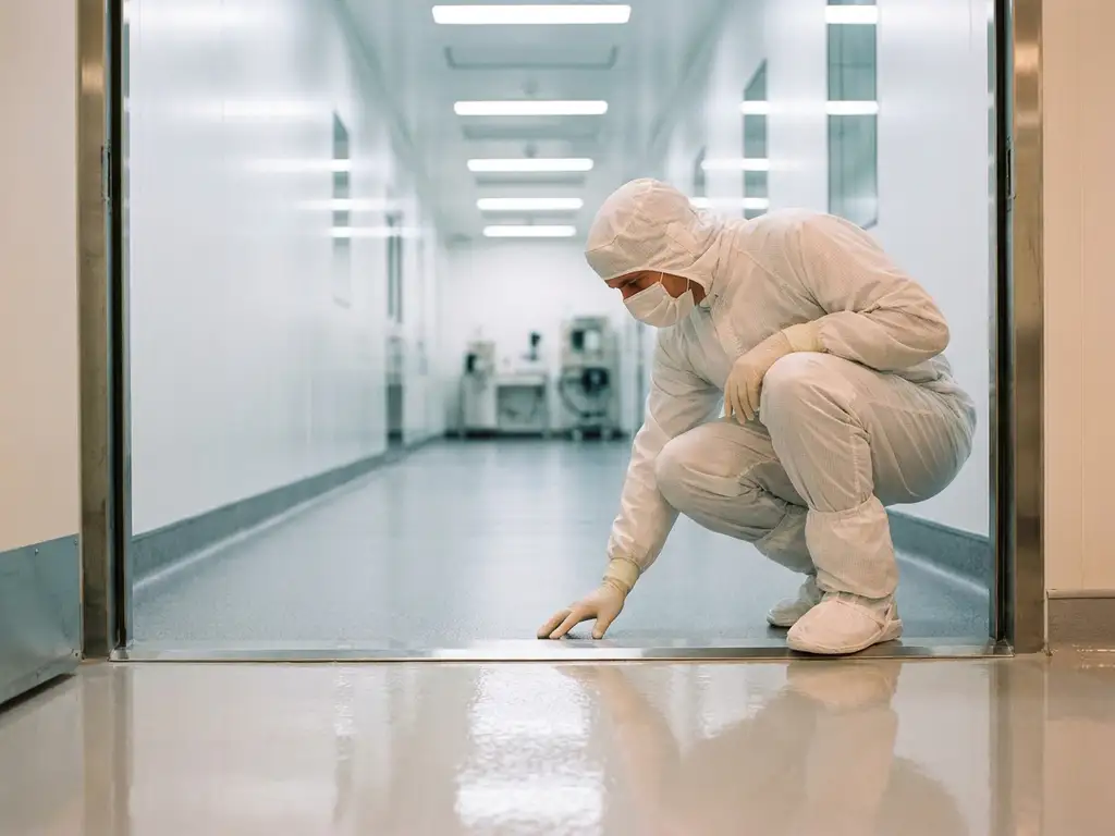 Technician in white suit inspecting epoxy cleanroom floor at entry threshold, sterile white walls and sealed flooring visible in background.