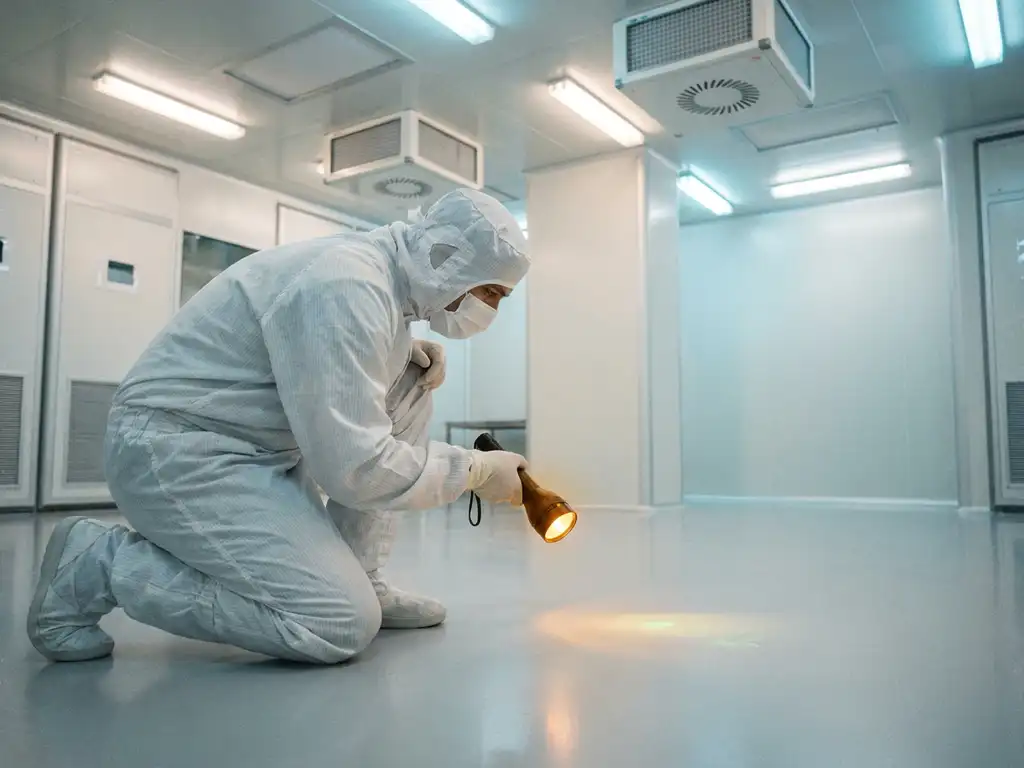 Cleanroom technician in white suit inspecting epoxy floor with UV torch, HEPA filter units and sterile walls visible in background.