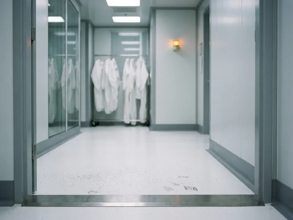 Pharmaceutical cleanroom corridor with dust particles and scuff marks on white epoxy floor near entrance, sterile gowning suits hanging in background.