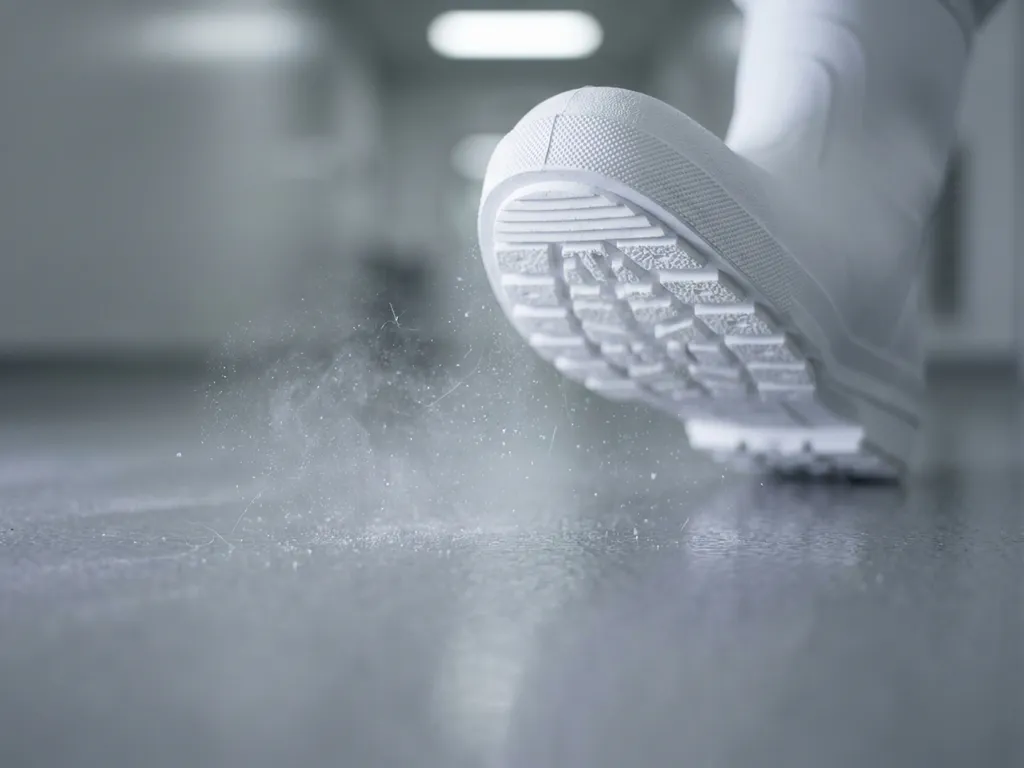 Cleanroom technician's white sterile boot sole lifting off epoxy floor, disturbing a cloud of fine dust particles suspended in air.