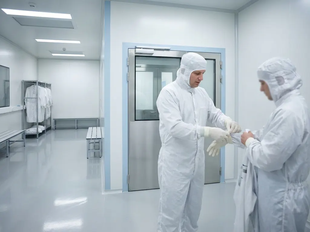 Cleanroom technician in white coveralls and gloves demonstrating proper gowning procedure to a colleague outside a sterile anteroom airlock.