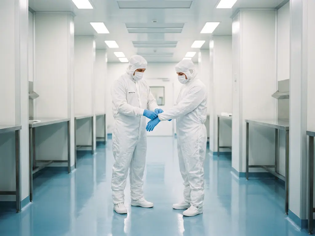 Cleanroom technician in white coveralls and gloves guiding a colleague through proper gowning procedure at a sterile airlock entry.
