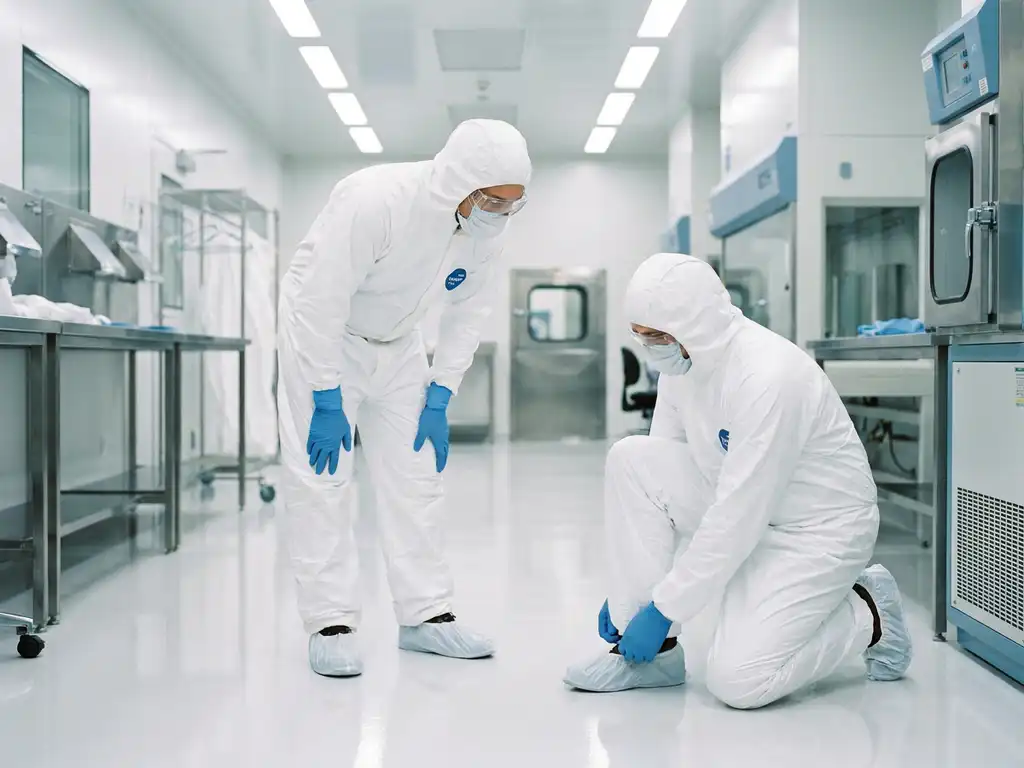 Cleanroom technician in white coveralls, hood, and face mask observing a gowning protocol demonstration inside an ISO-classified cleanroom.