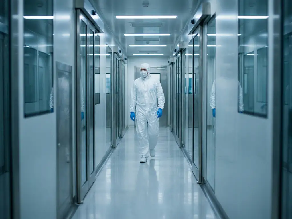 Pharmaceutical technician in white gown walking through a sterile cleanroom airlock corridor with polished floors and stainless steel walls.