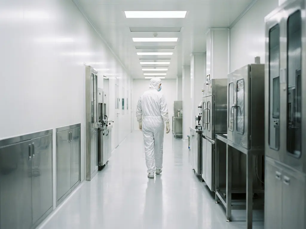 Pharmaceutical technician in white cleanroom suit walking through an ISO-classified cleanroom corridor with stainless steel equipment.