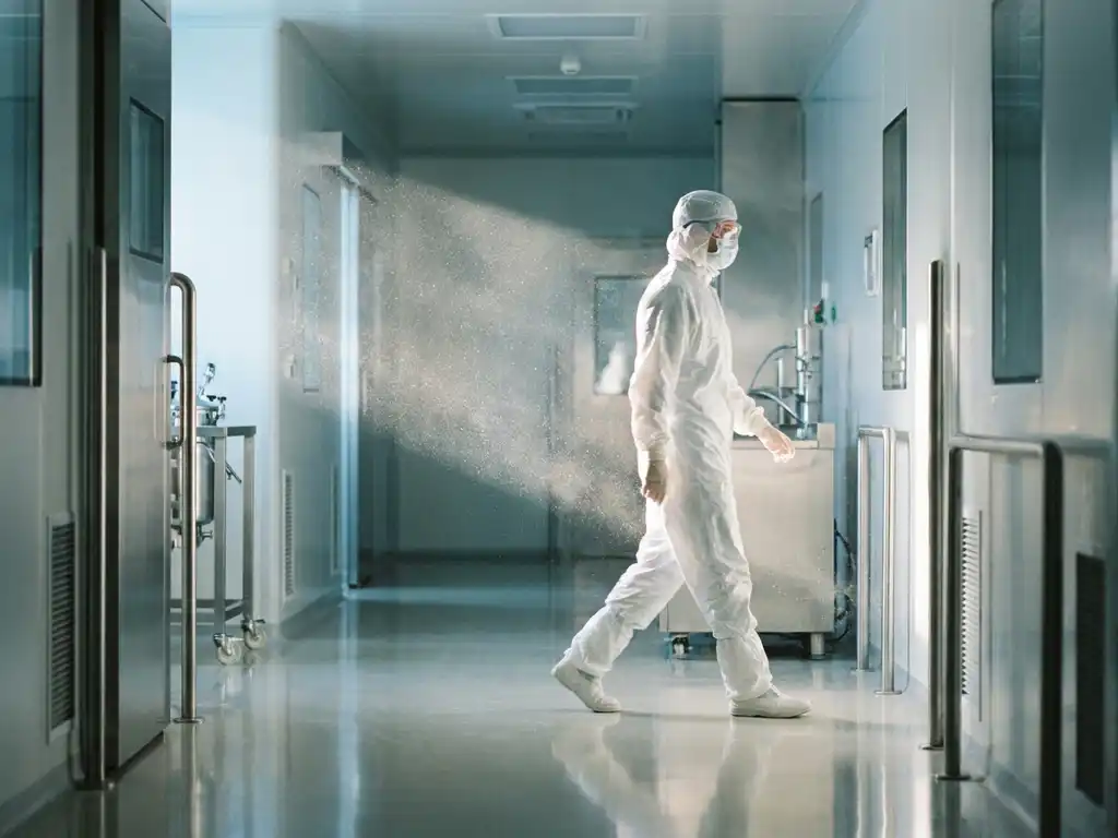 Pharmaceutical technician in white cleanroom suit walking through sterile production corridor with airborne particles visible in raking light.