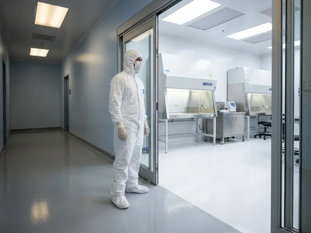 Pharmaceutical technician in white cleanroom gown standing at the entrance to a sterile ISO cleanroom with polished epoxy floors and stainless steel equipment.