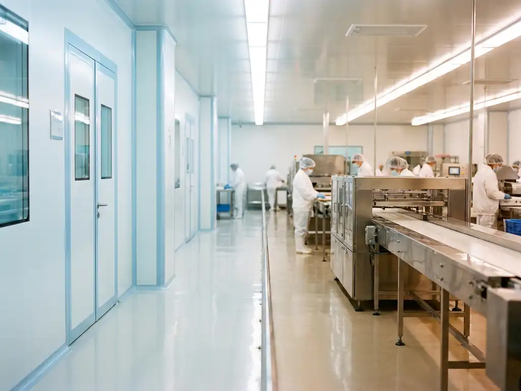 Pharmaceutical cleanroom corridor merging with a stainless steel food production line, workers in white protective suits and hairnets under bright clinical lighting.