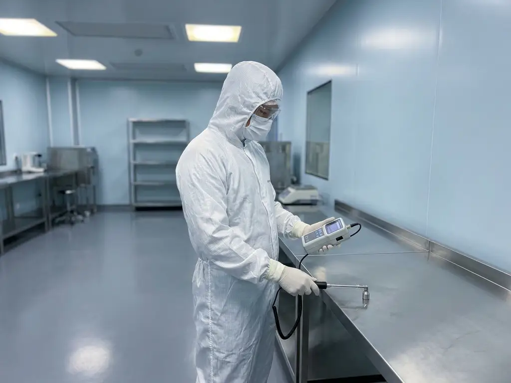 Cleanroom technician in white gown and mask conducting air sampling near a stainless steel surface in a pharmaceutical facility.