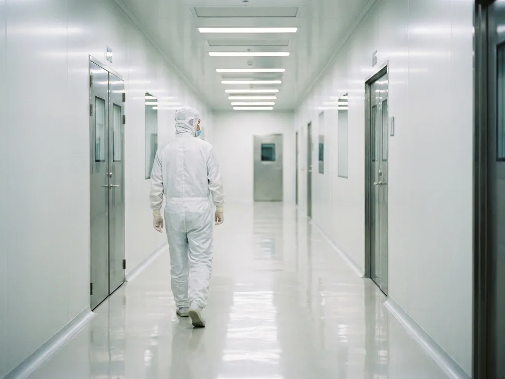 Cleanroom technician in full gown walking through a sterile white airlock corridor with polished epoxy floors and sealed door panels.