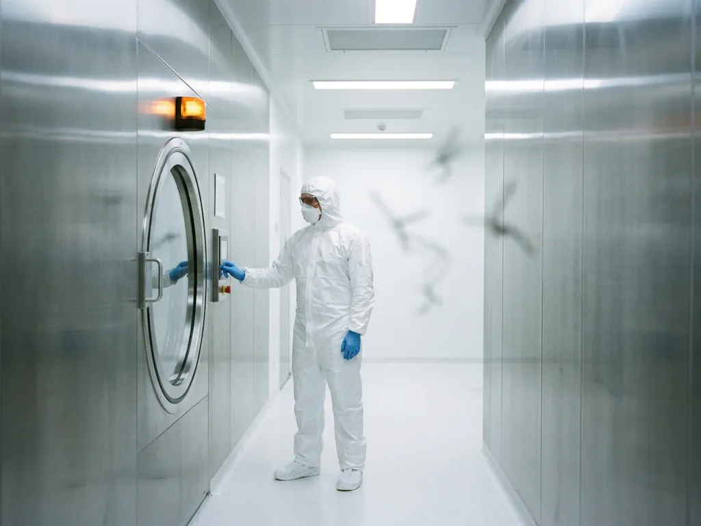 Cleanroom technician in white coveralls and gloves pausing at a sealed airlock door, amber warning light glowing in a sterile corridor.