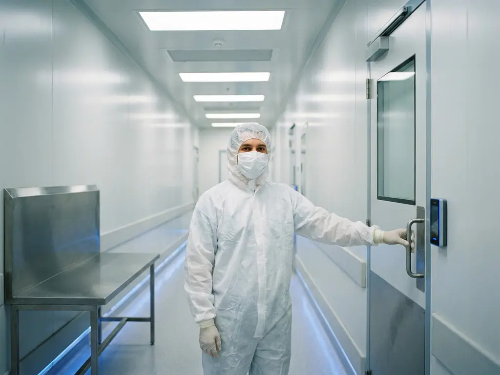 Pharmaceutical technician in full gown pausing at cleanroom airlock entry, sterile white corridor and stainless steel gowning bench visible behind them.