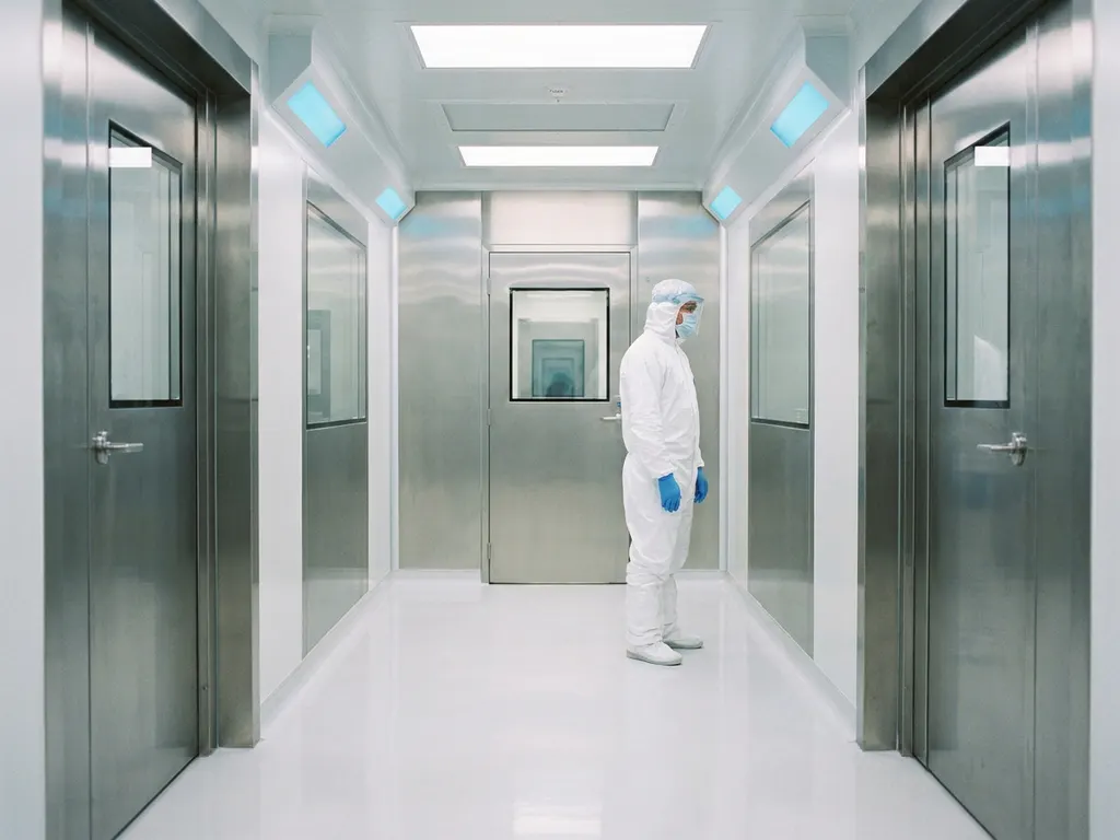Cleanroom technician in white coverall and face mask pausing at a sealed airlock between sterile zones with stainless steel walls and blue accent lighting.