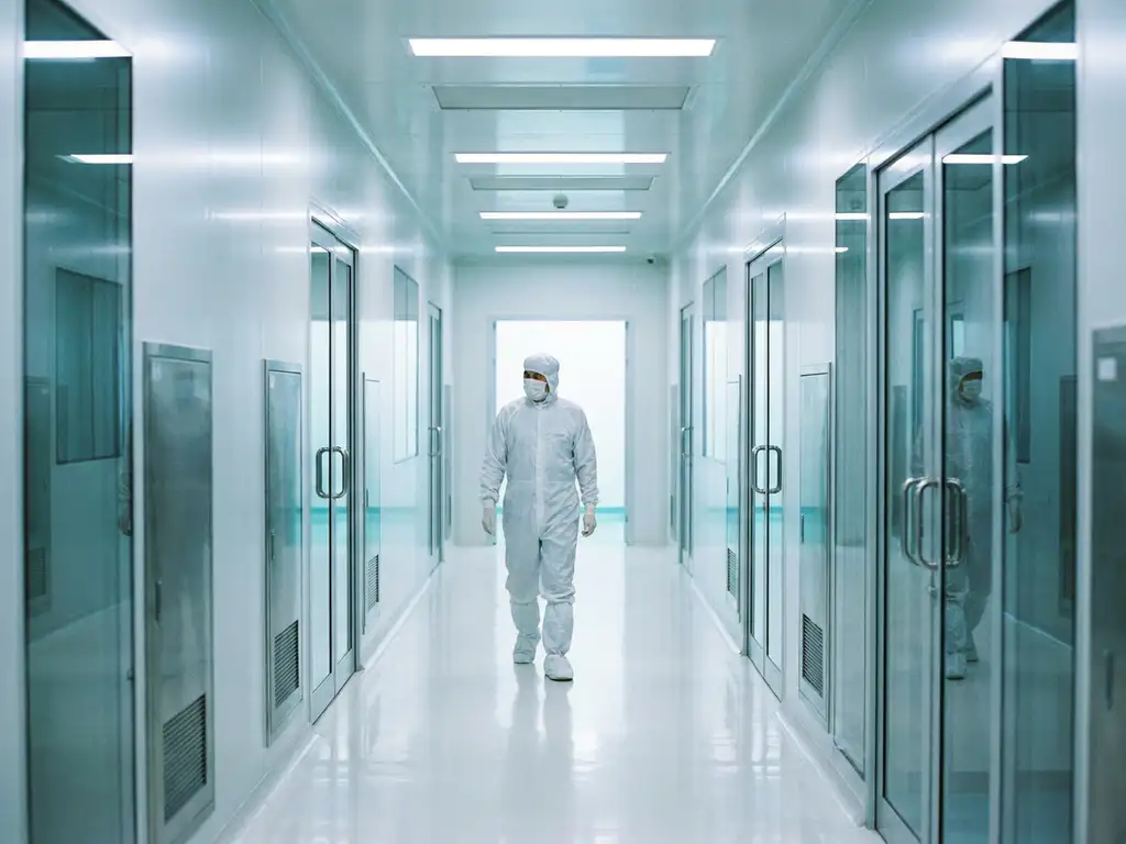 Technician in white bunny suit walking through a sterile cleanroom corridor with polished epoxy floors and sealed stainless steel doorways.