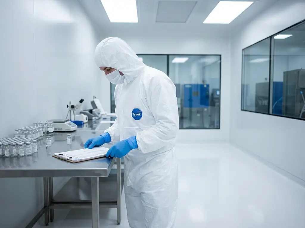 Pharmaceutical cleanroom technician in white bunny suit reviewing clipboard at sterile stainless steel workbench in controlled environment.