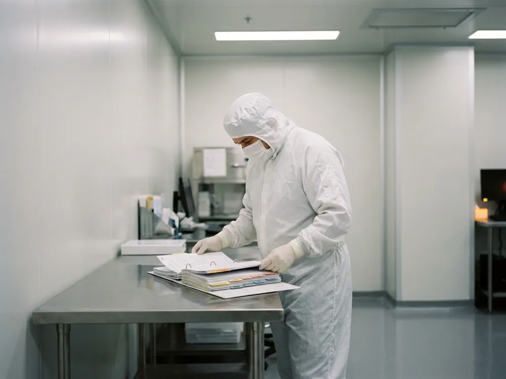 Pharmaceutical cleanroom technician in white gown, gloves, and face mask reviewing compliance documents at a stainless steel workstation.