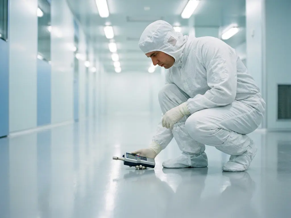 Cleanroom technician in white suit crouching to inspect epoxy floor with handheld particle counter in pharmaceutical facility.