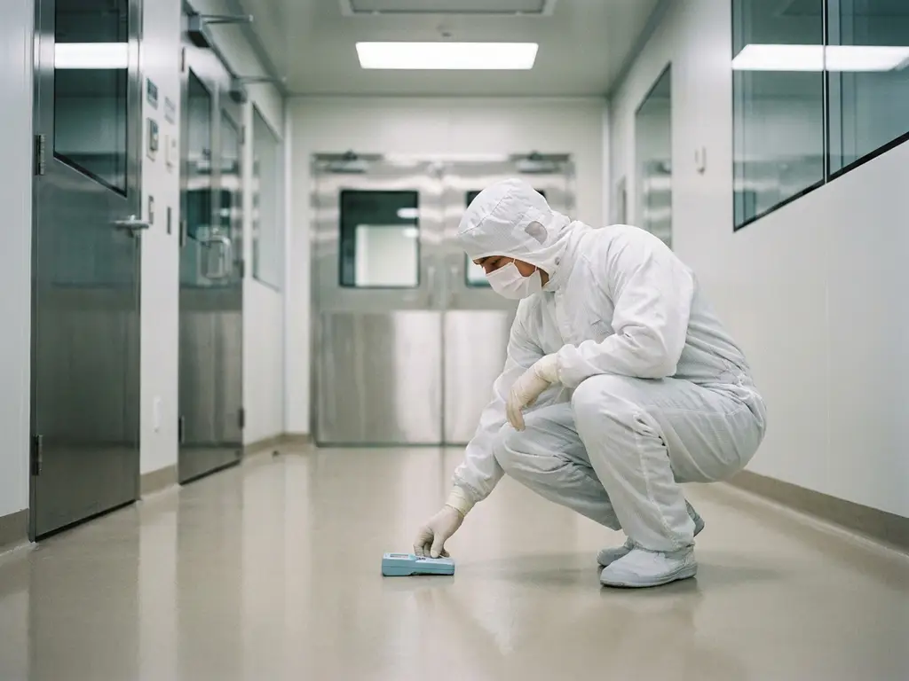 Cleanroom technician in white PPE crouching to inspect epoxy floor at controlled environment entry zone with airlocks visible behind.