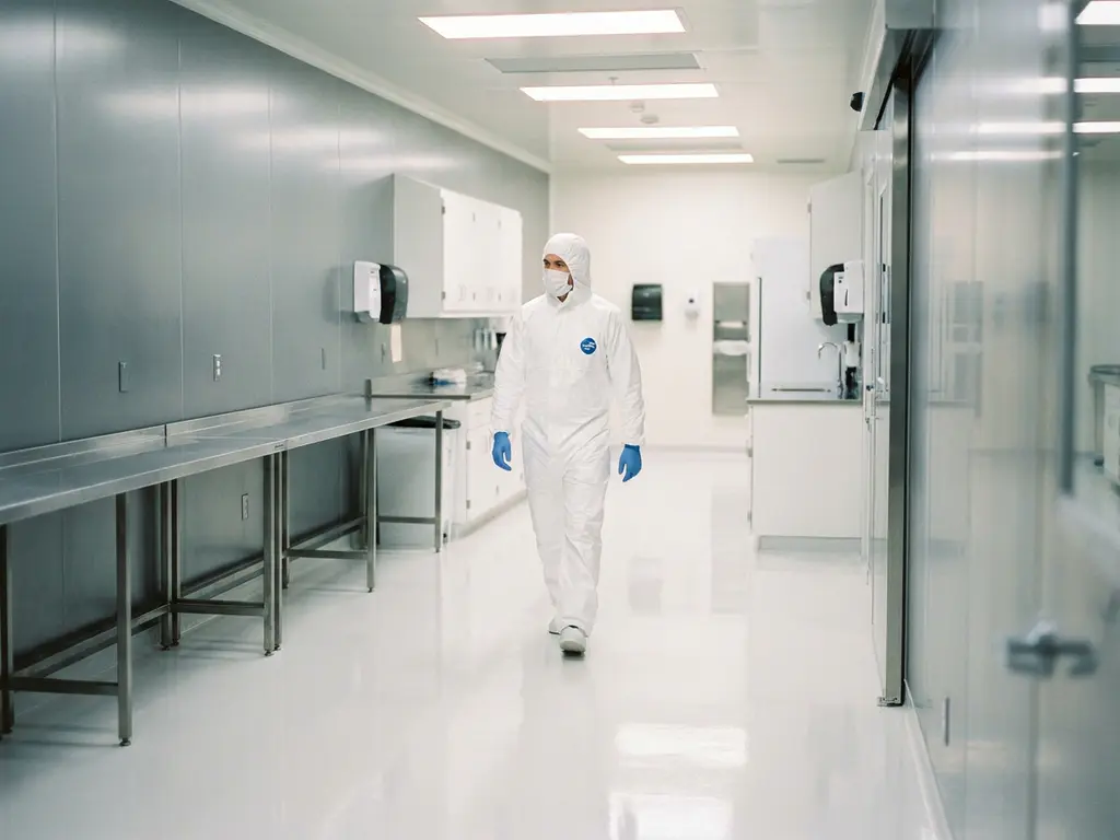Pharmaceutical cleanroom technician in white coverall and gloves walking through a sterile gowning anteroom with epoxy floors and stainless steel benches.
