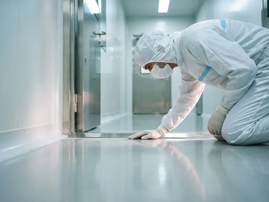 Cleanroom technician in white gown and gloves crouching to inspect epoxy floor near entry threshold, dust particles visible along baseboard.