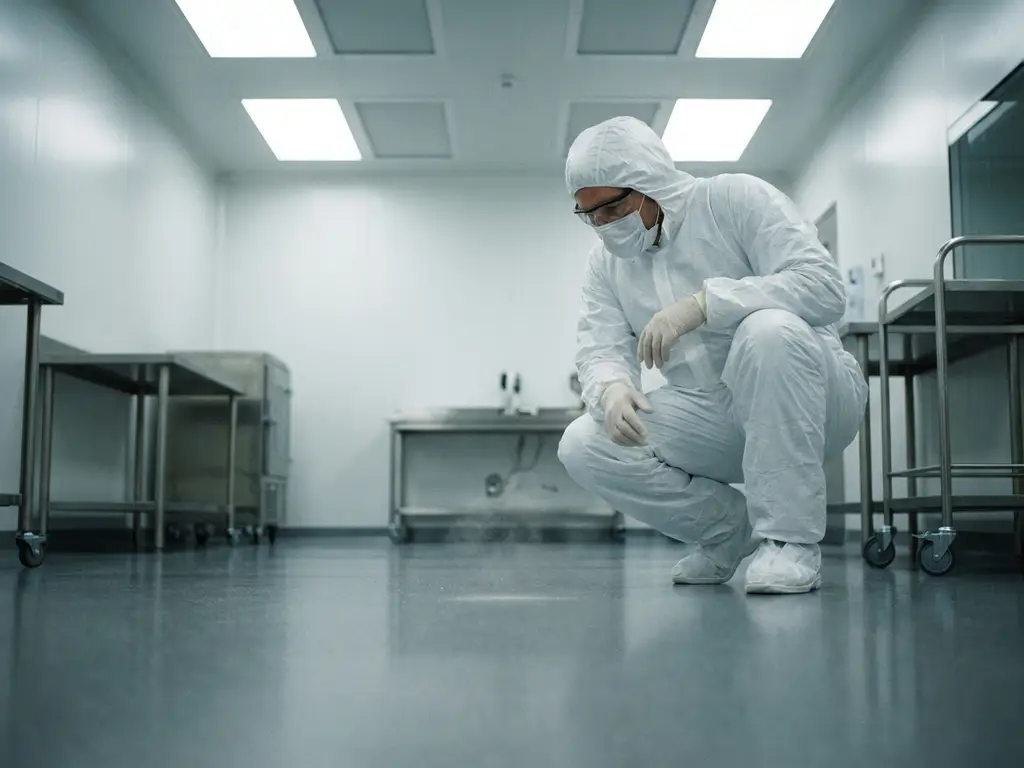 Cleanroom technician in white gown and mask crouching to inspect an epoxy floor, stainless steel equipment visible in sterile background.
