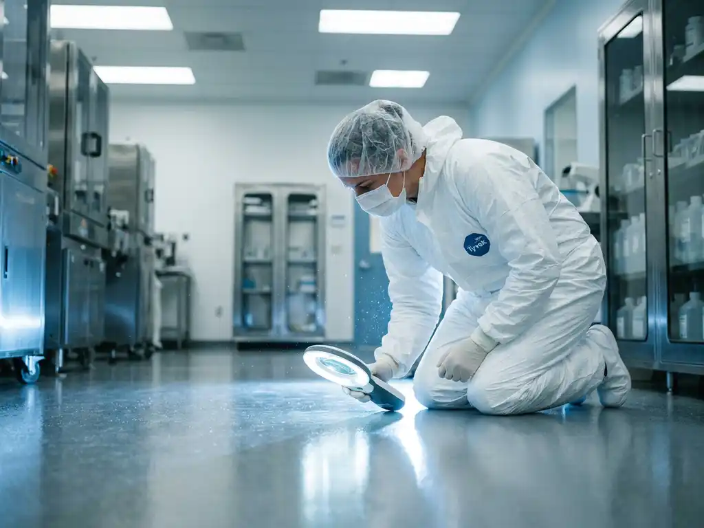 Pharmaceutical cleanroom technician in white gown and gloves inspecting epoxy floor at eye level under clinical fluorescent lighting.