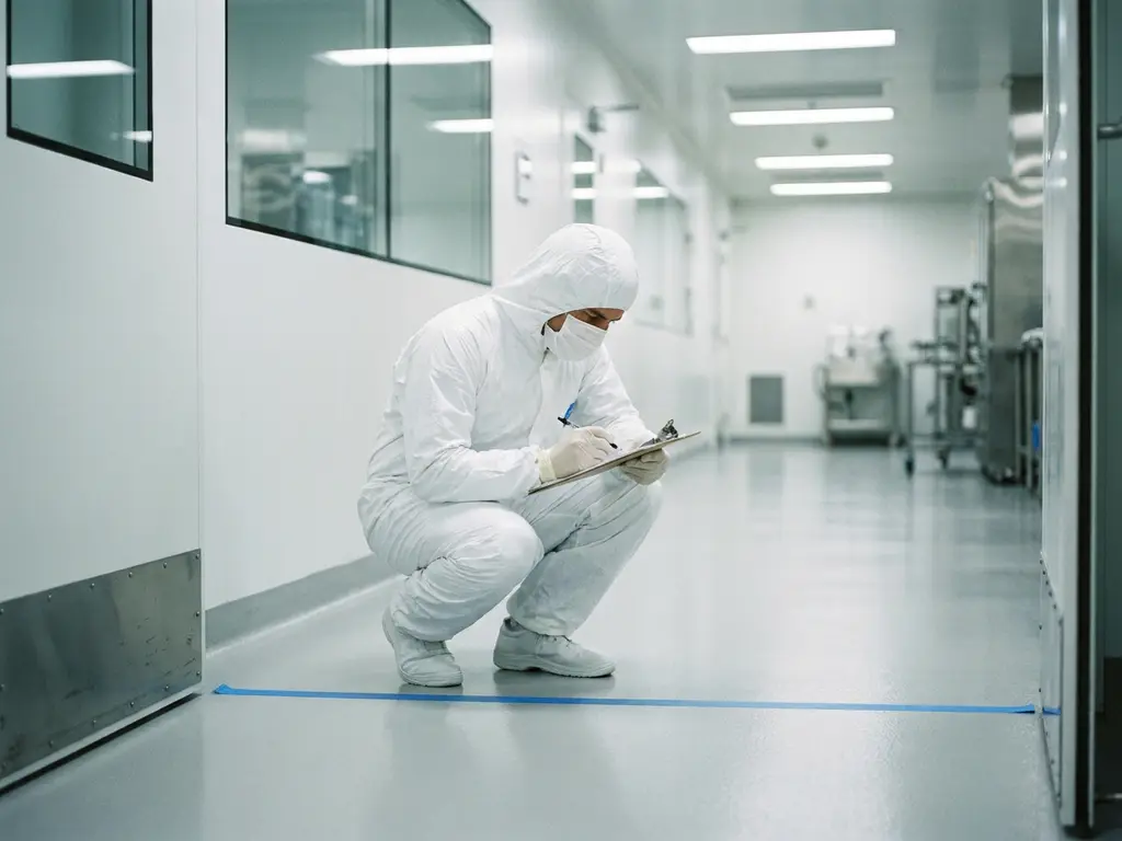 Cleanroom technician in white suit crouching to inspect epoxy floor at pharmaceutical facility entry corridor, clipboard in hand.