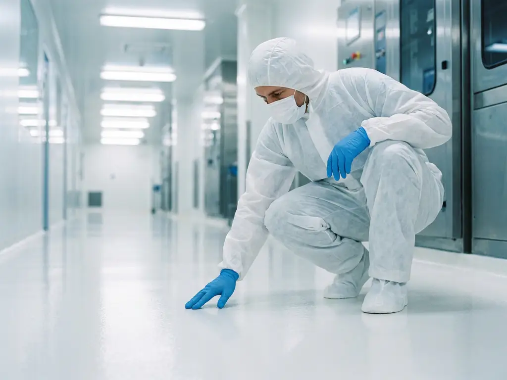 Pharmaceutical cleanroom technician in white gown and mask crouching to inspect a polished epoxy floor in a sterile corridor.