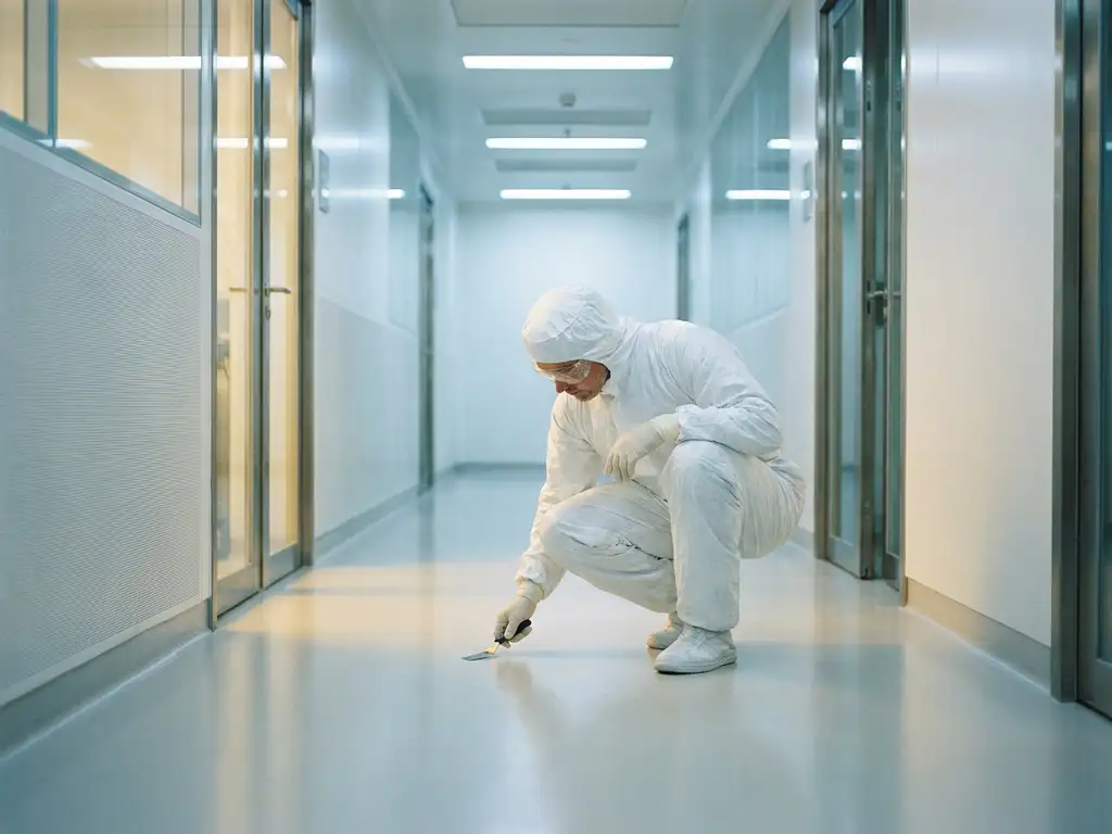 Cleanroom technician in white PPE crouching to inspect an epoxy floor at a sterile controlled environment entry corridor.