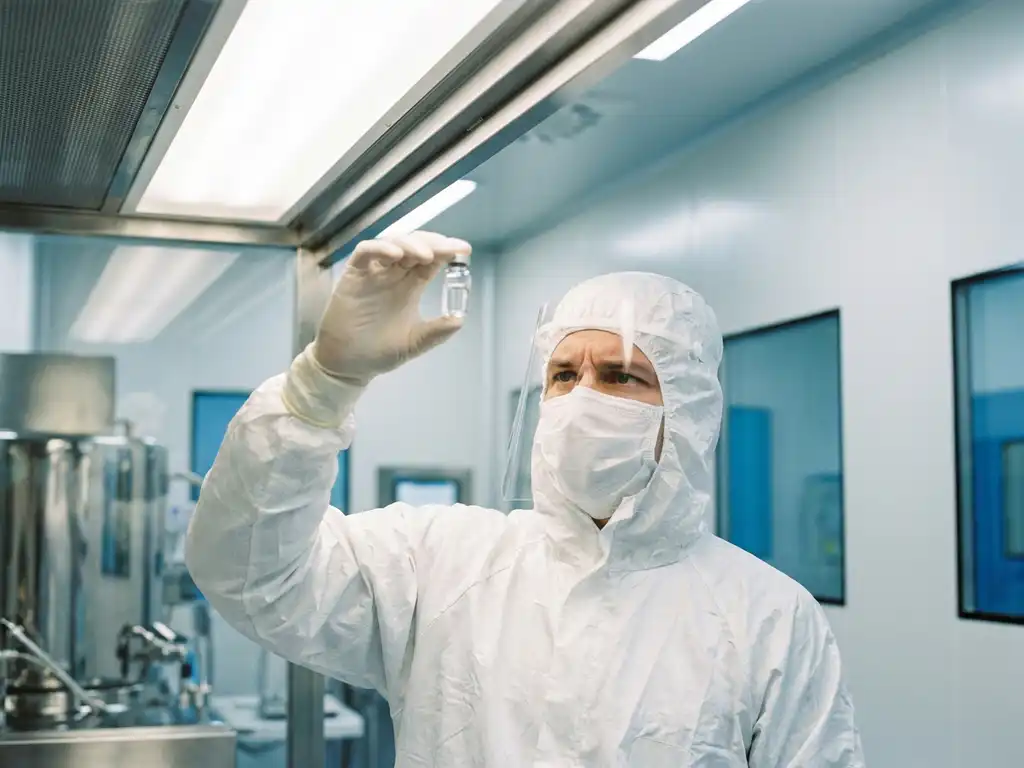 Pharmaceutical cleanroom technician in sterile gown and gloves inspecting a glass vial under bright overhead light in a controlled environment.