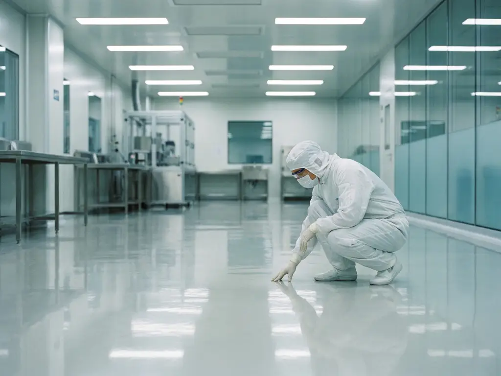 Cleanroom technician in white PPE inspecting polished epoxy flooring inside a sterile pharmaceutical facility.