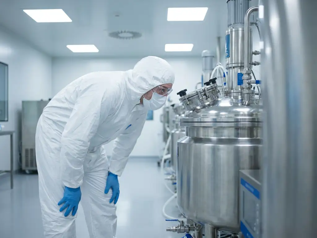 Pharmaceutical technician in cleanroom gown inspecting stainless steel mixing equipment inside a sterile white cleanroom facility.