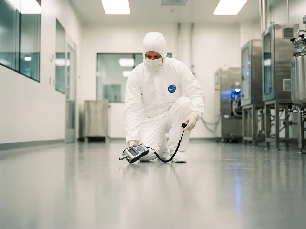 Technician in white cleanroom coveralls using a particle counter near the epoxy floor of a pharmaceutical cleanroom.