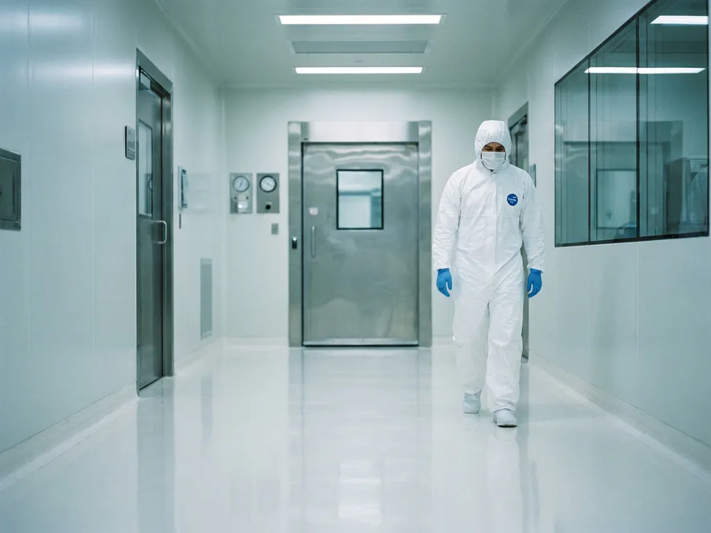 Pharmaceutical cleanroom technician in white coveralls walking through a sterile airlock corridor with polished epoxy floors and stainless steel surfaces.