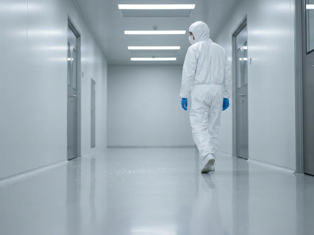 Cleanroom-suited technician walking through a sterile pharmaceutical corridor with dust particles suspended above polished epoxy flooring.