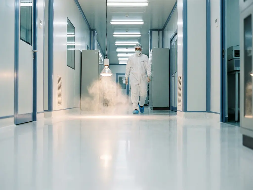 Pharmaceutical cleanroom technician in white gown walking corridor with dust particles visible in clinical light above polished epoxy floor.
