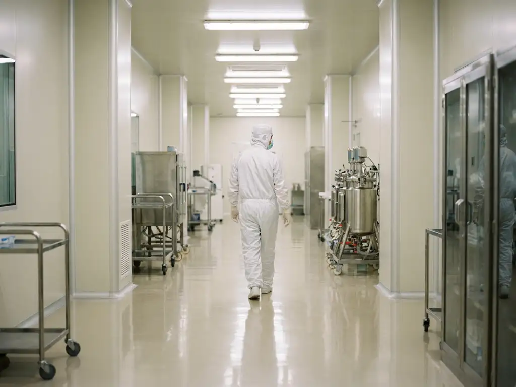 Cleanroom technician in white coveralls and hood walking through a sterile pharmaceutical corridor with polished epoxy floors and stainless steel equipment.