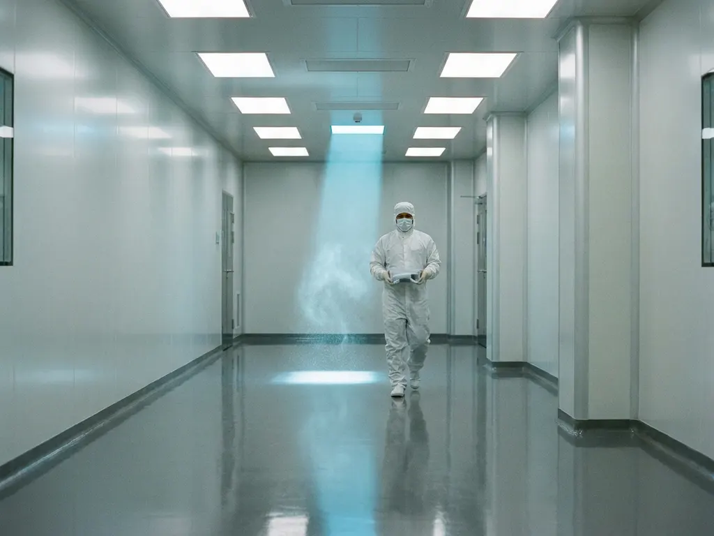 Pharmaceutical cleanroom technician in protective suit walking through sterile white corridor with dust particles visible in overhead light.