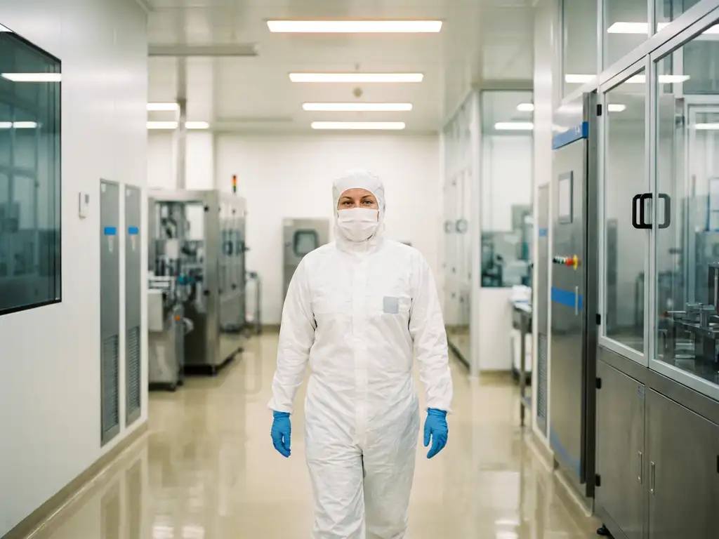 Cleanroom technician in white protective gown and gloves walking through a sterile pharmaceutical manufacturing corridor with polished epoxy floors.