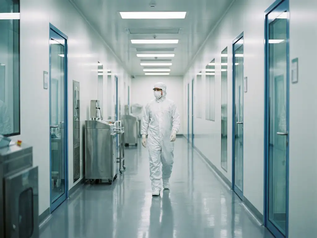 Pharmaceutical cleanroom technician in white gown, gloves, and face mask walking a sterile corridor with polished epoxy floors and stainless steel surfaces.