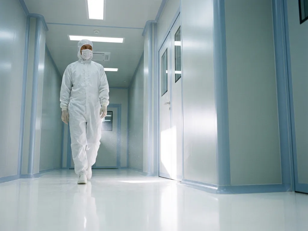 Pharmaceutical cleanroom technician in white gown and gloves walking through sterile facility corridor with gleaming epoxy floors.