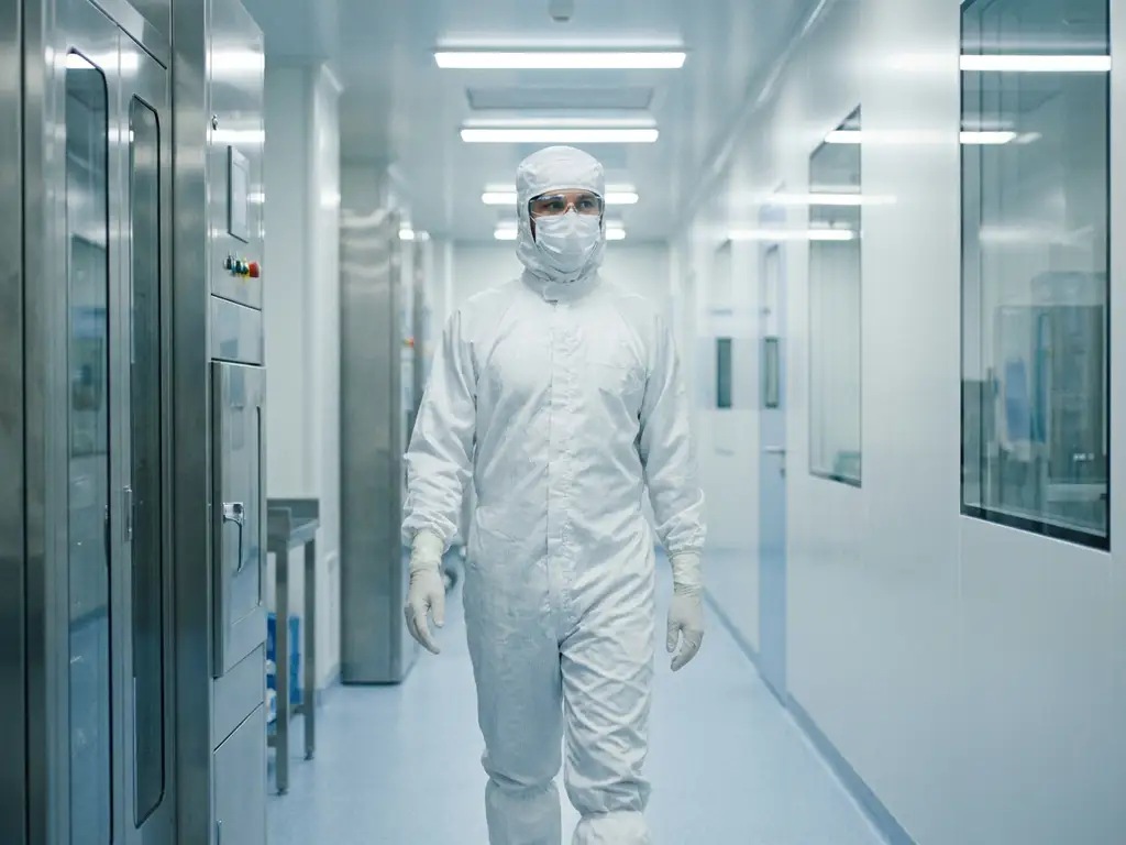 Cleanroom technician in full white protective gown, hood, and gloves walking through a sterile pharmaceutical manufacturing corridor.