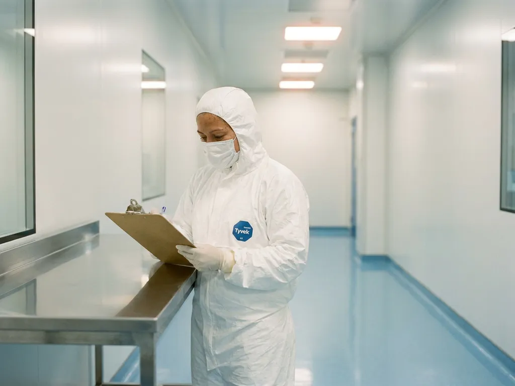Pharmaceutical cleanroom technician in white gown, gloves, and mask reviewing clipboard at stainless steel workbench in sterile facility corridor.