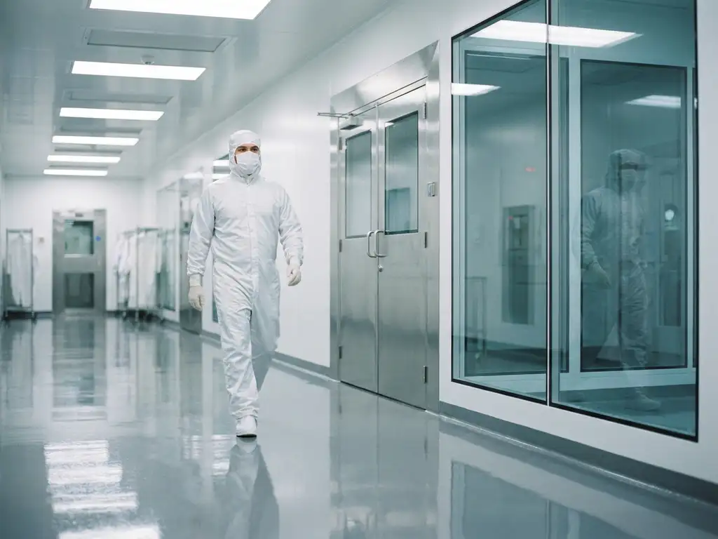 Cleanroom technician in white gown walking through a sterile pharmaceutical corridor with epoxy floors and stainless steel airlocks.