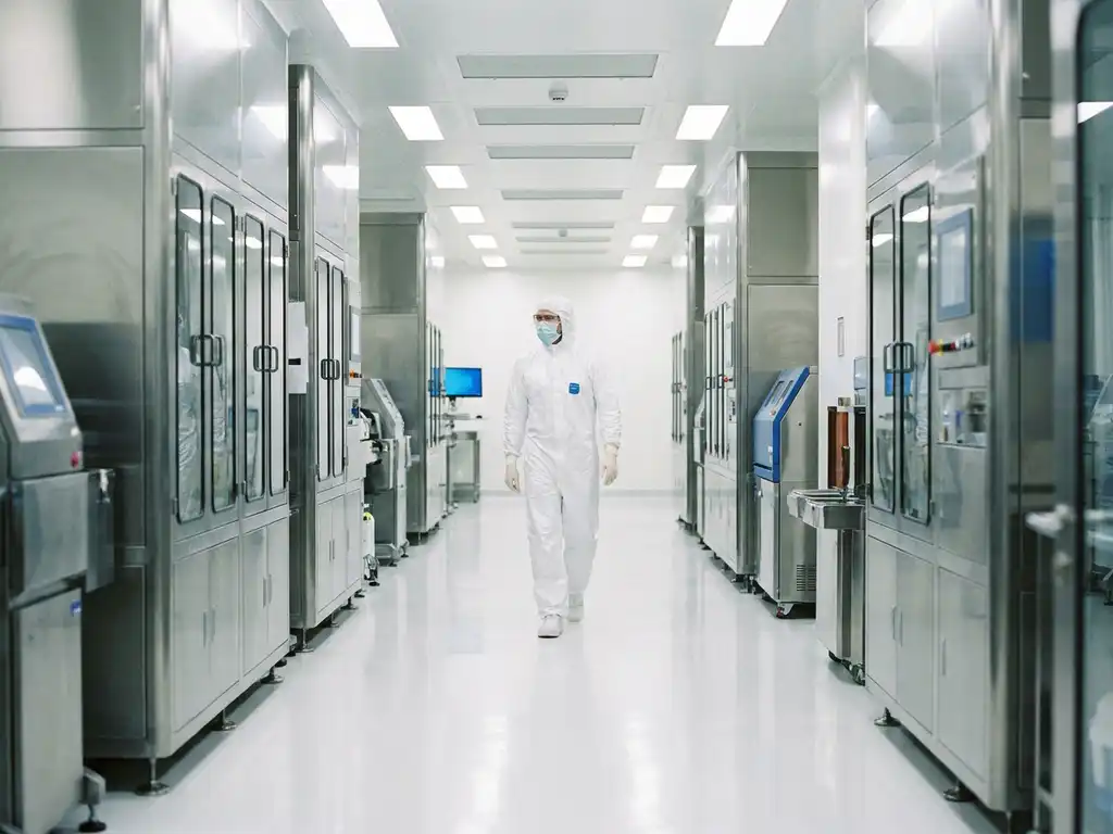 Cleanroom technician in white protective suit walking through a sterile pharmaceutical manufacturing corridor with reflective epoxy floors.